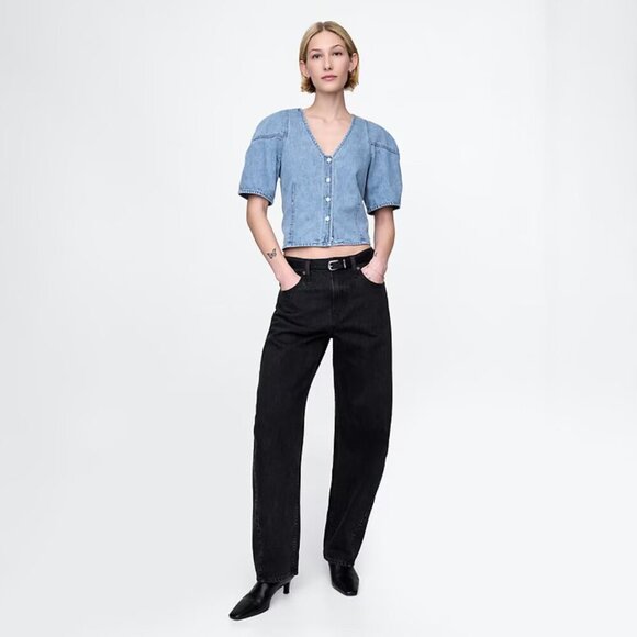 GAP Women’s Barrel Sleeve Denim Blouse Button Up Top Blue Size Small - Picture 2 of 8
